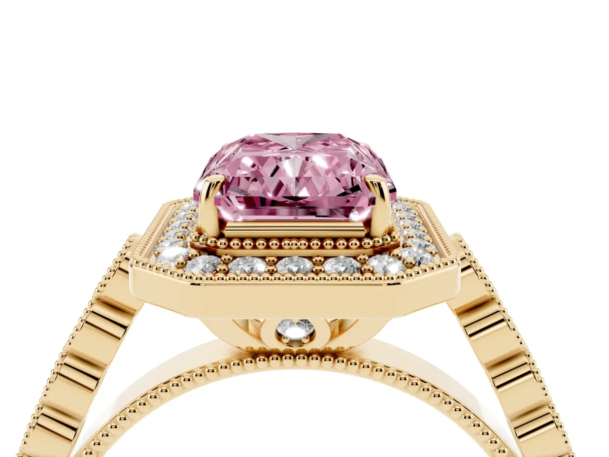 Fancy Pink Radiant Cut Halo Milgrain Solitaire with Bezel Set Side Stones and Pave Band Yellow gold