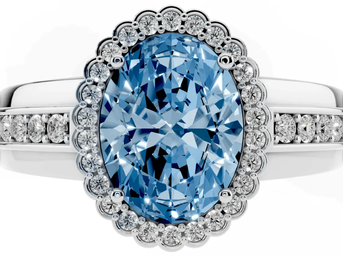 Fancy Blue Oval Cut Cut Halo Pave Band Four-Prong Ring Silver