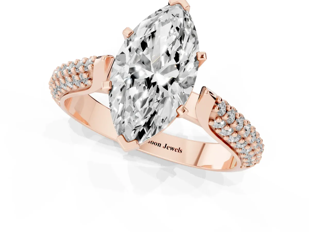 Marquise Cut Diamond Solitaire Engagement Ring with Multi-Row Round Pavé Band and Prong Setting Rose gold