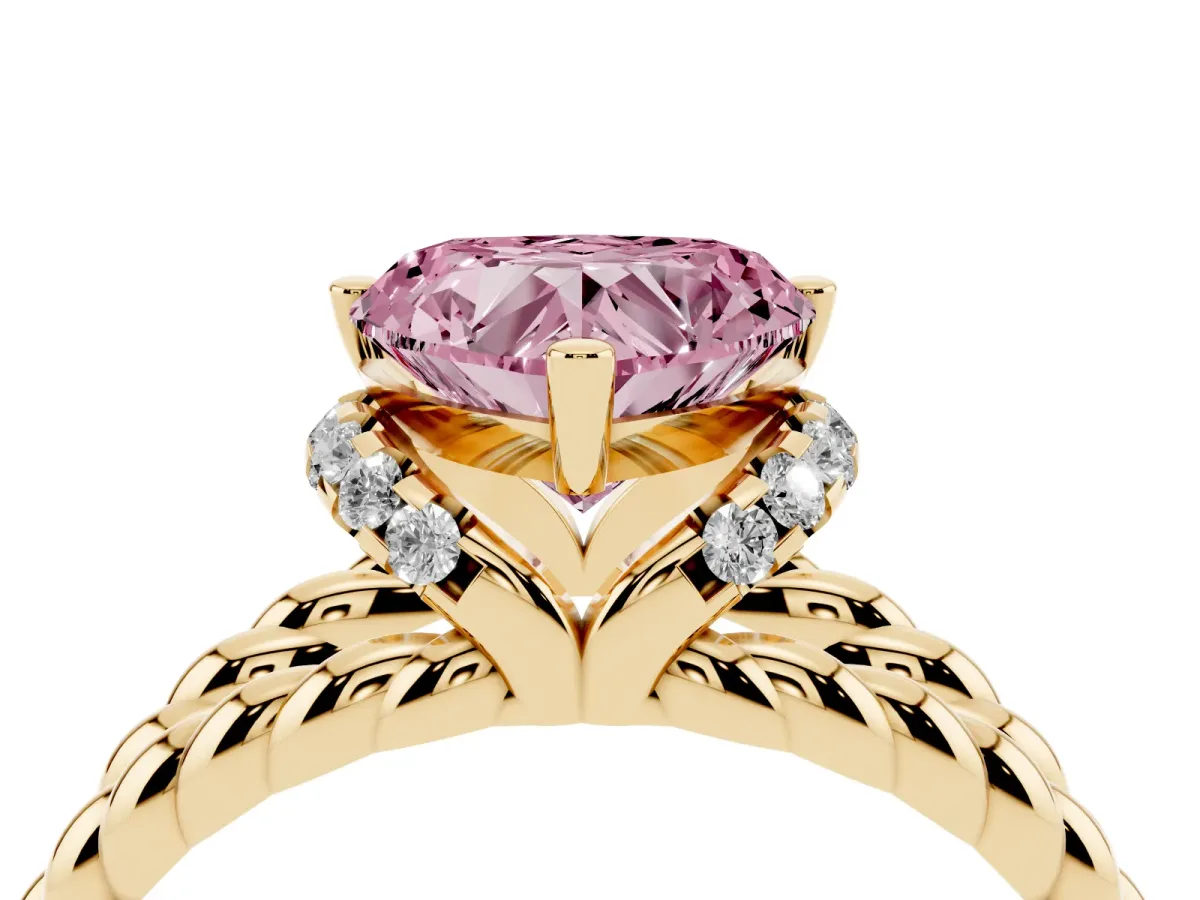 Fancy Pink Heart Cut Halo Twisted Band Four-Prong Ring Yellow gold