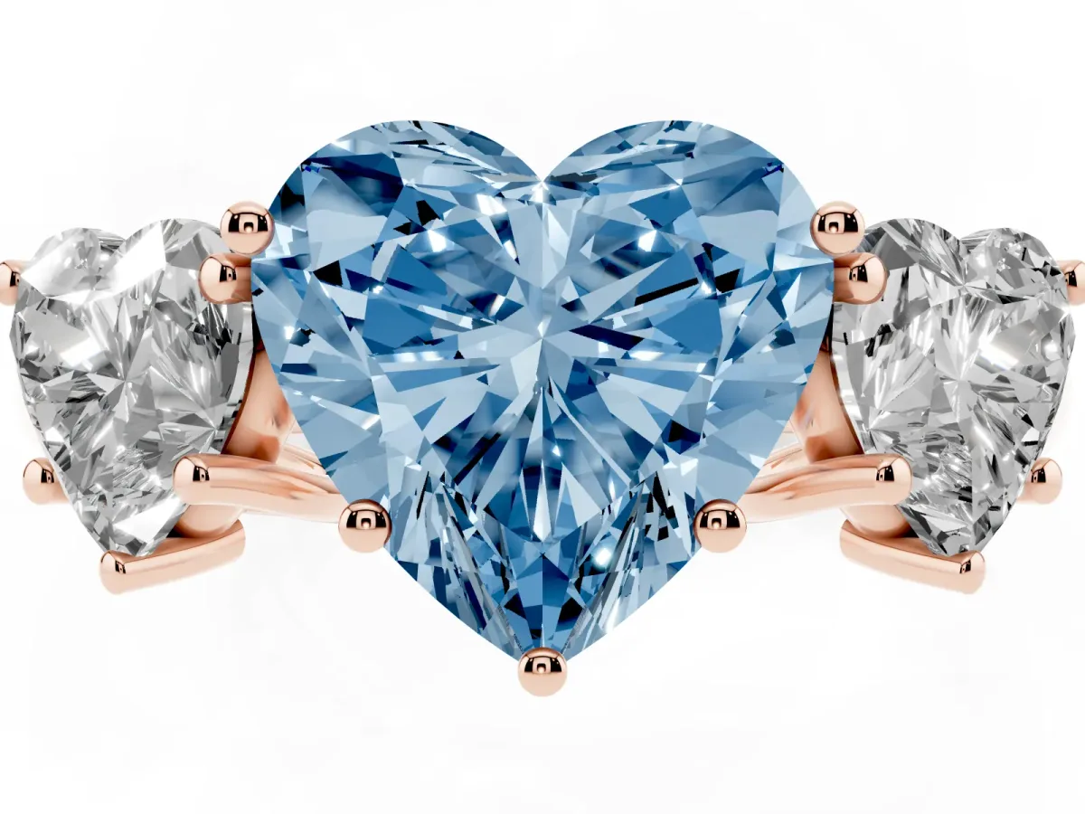 Fancy Blue Three-Stone Heart Cut Diamond Engagement Ring with Prong Setting Rose gold