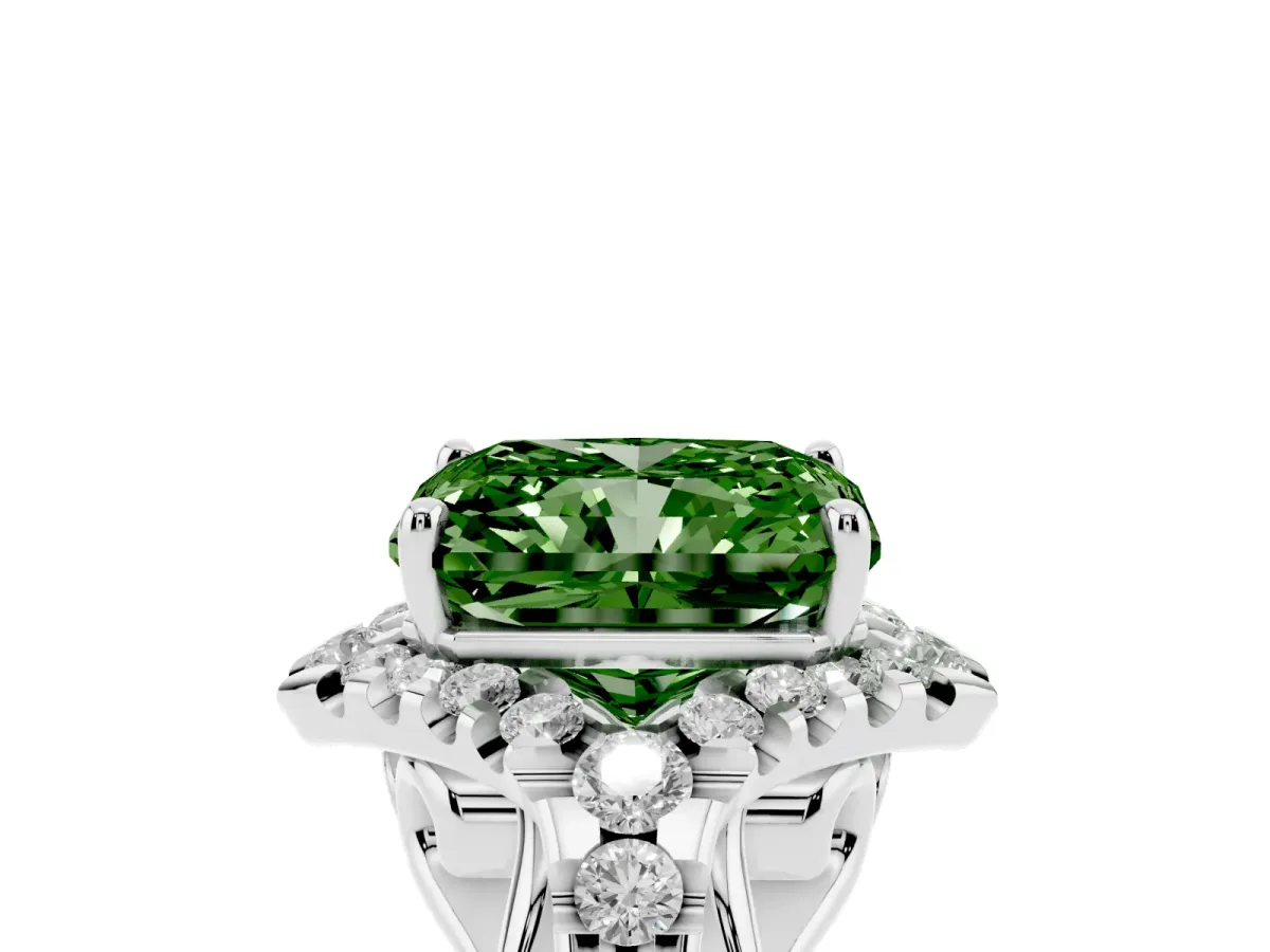 Fancy Green Radiant Cut Diamond Solitaire Ring with Hidden Halo and Pavé Band White gold