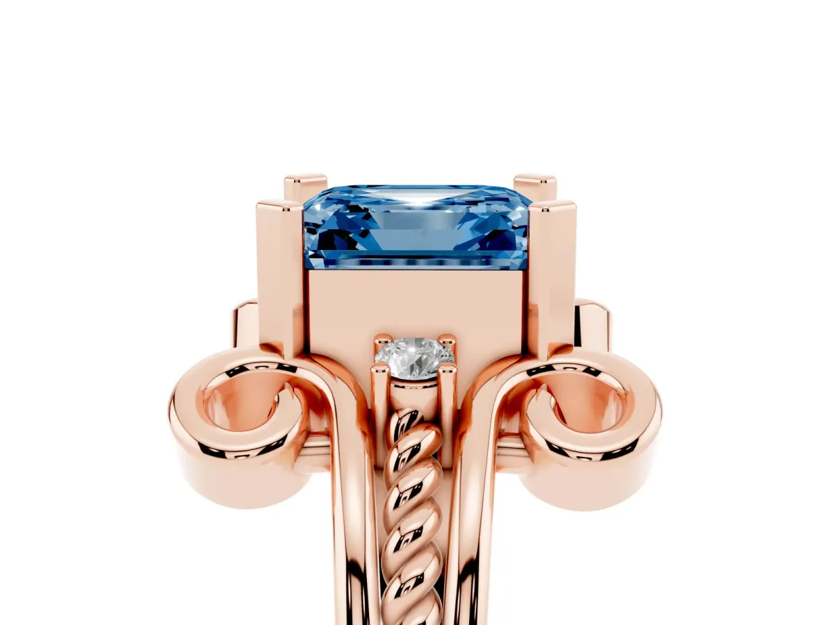 Fancy Blue Asscher Cut Solitaire Twisted Band Scroll Prong Ring Rose gold
