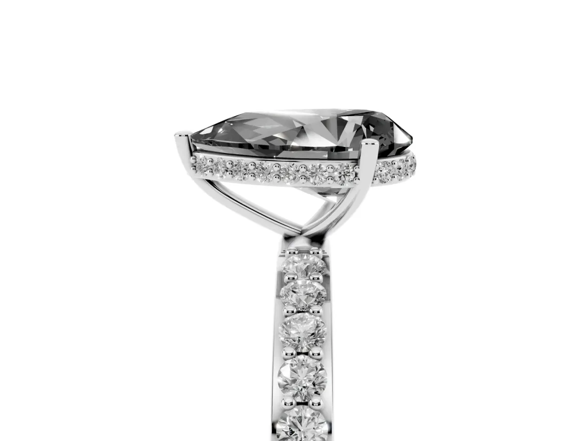 Fancy Black Pear Cut Diamond Solitaire Ring with Pavé Band and Hidden Halo Silver