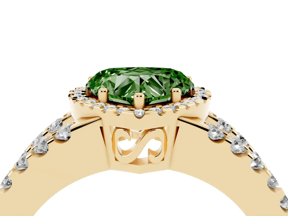 Fancy Green Heart Cut Cut Halo Split Shank Diamond Ring with Four-Prong Setting Yellow gold