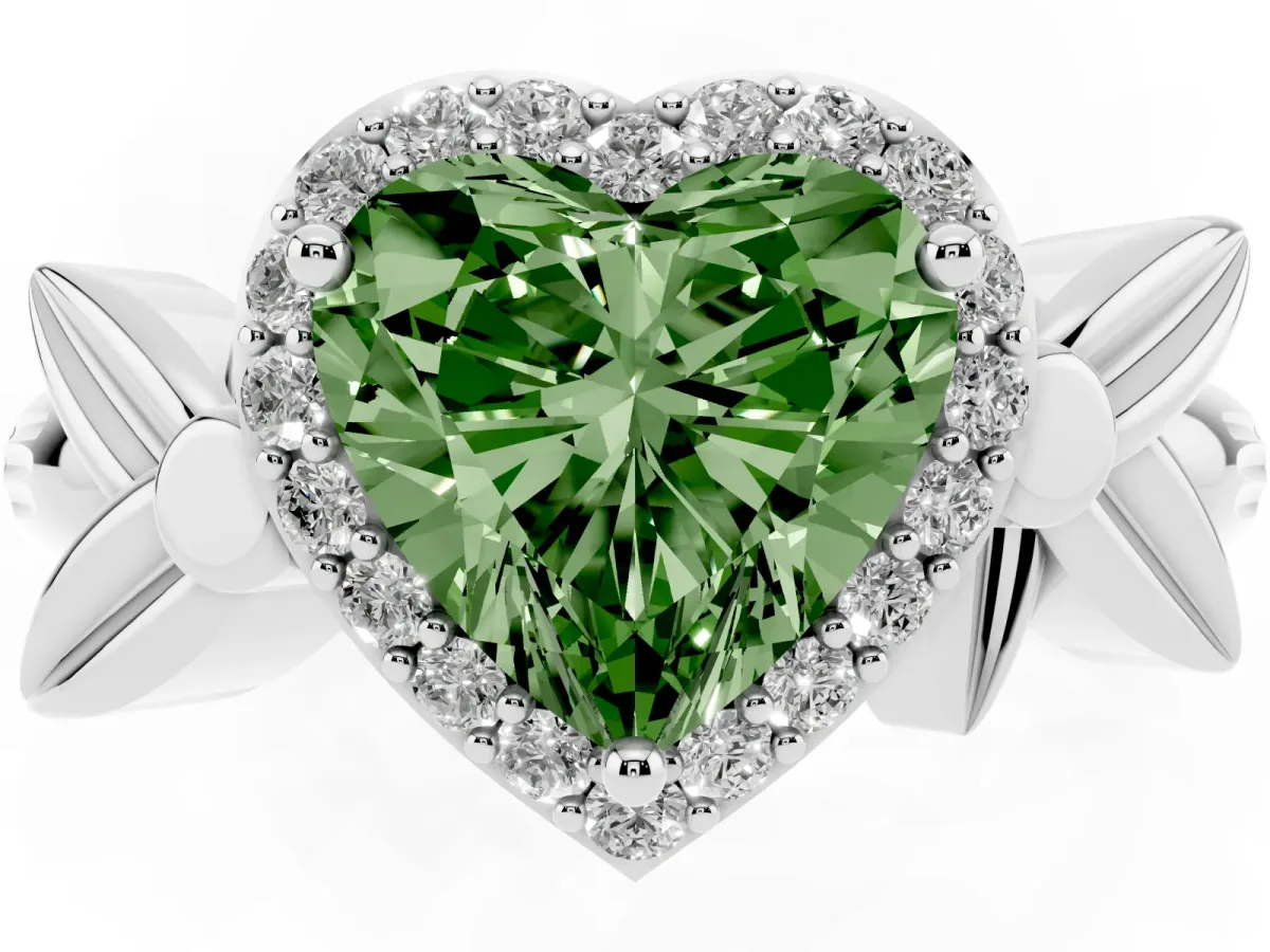 Fancy Green Heart Cut Halo Diamond Floral Band with Four-Prong Setting Silver