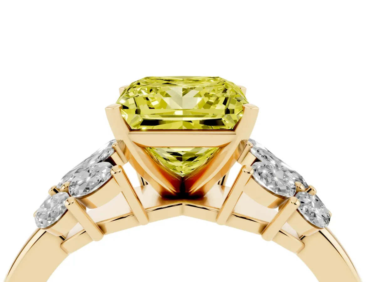 Fancy Yellow Princess Cut Diamond Cluster Leaf Design Ring with Prong Setting Yellow gold