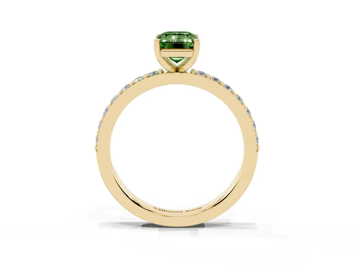 Fancy Green Emerald Cut Cut Diamond Solitaire with Pave Band and Four-Prong Setting Yellow gold