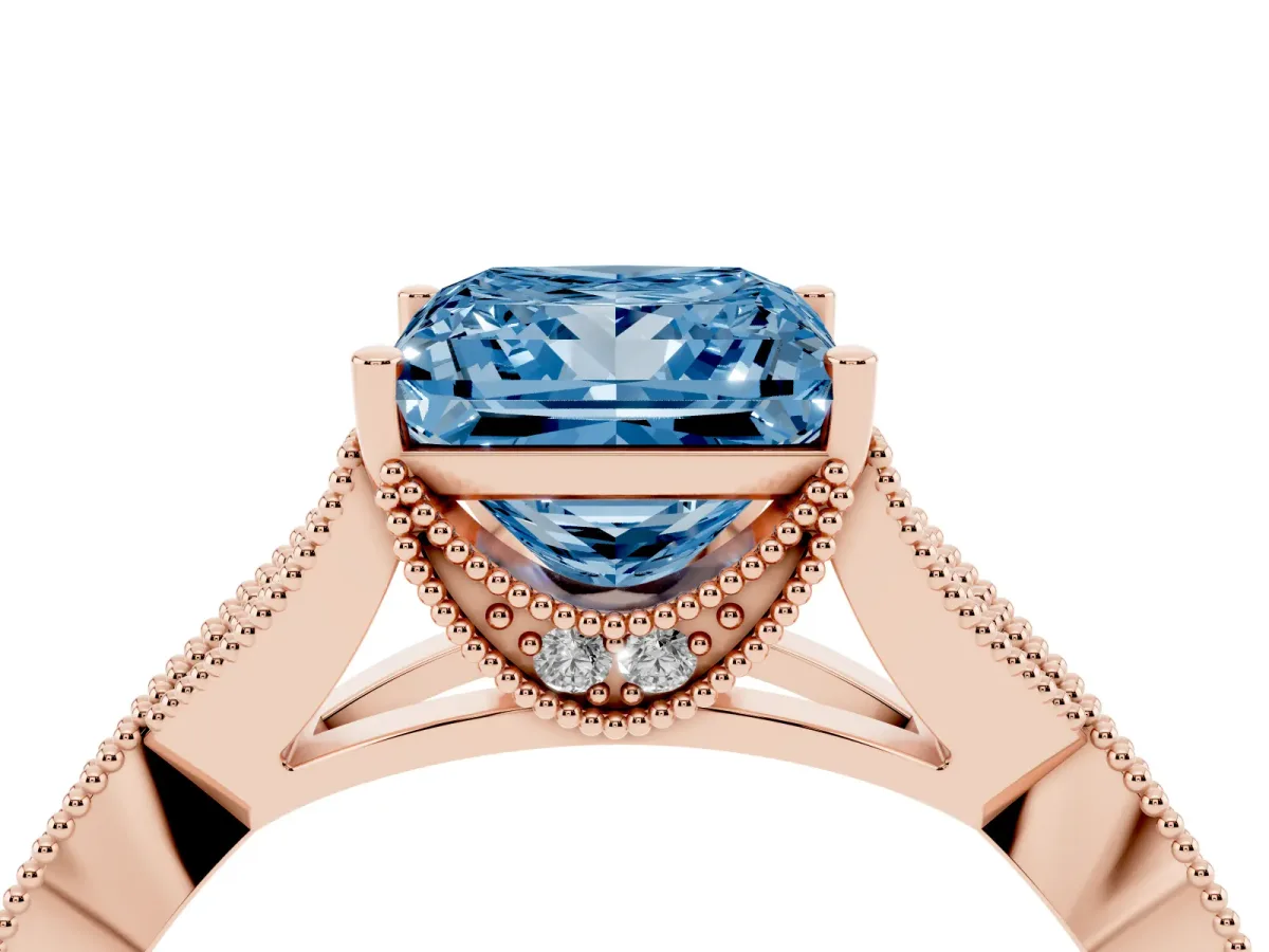 Fancy Blue Princess Cut Cut Diamond Twisted Band with Milgrain Pave Setting and Four-Prong Setting Rose gold