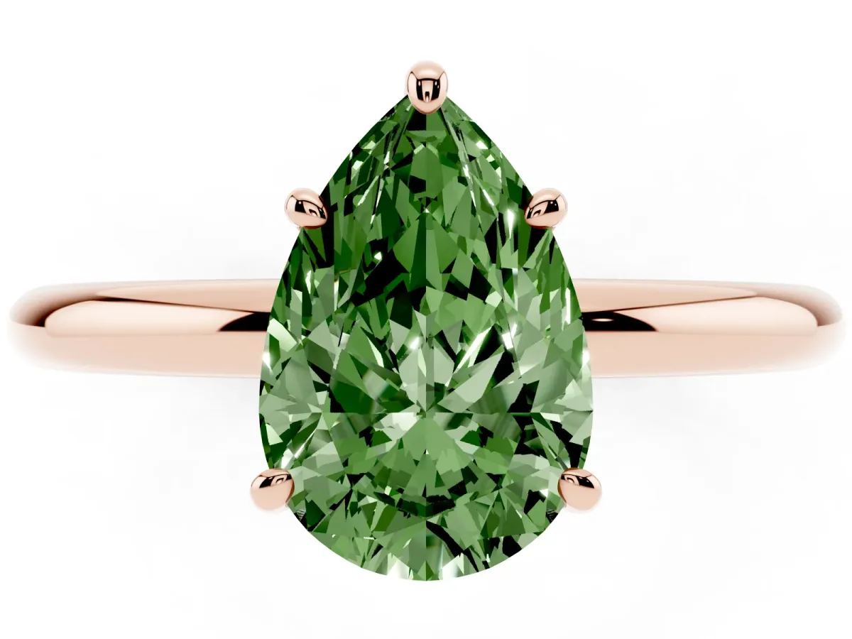 Fancy Green Pear Cut Solitaire Diamond Ring with Four-Prong Setting on a Plain Band Rose gold