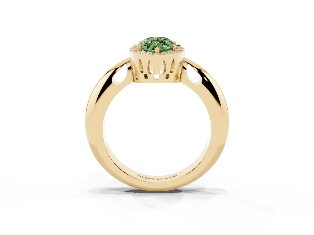 Fancy Green Marquise Cut Cut Diamond Halo Engagement Ring with Split Shank and Four-Prong Setting Yellow gold