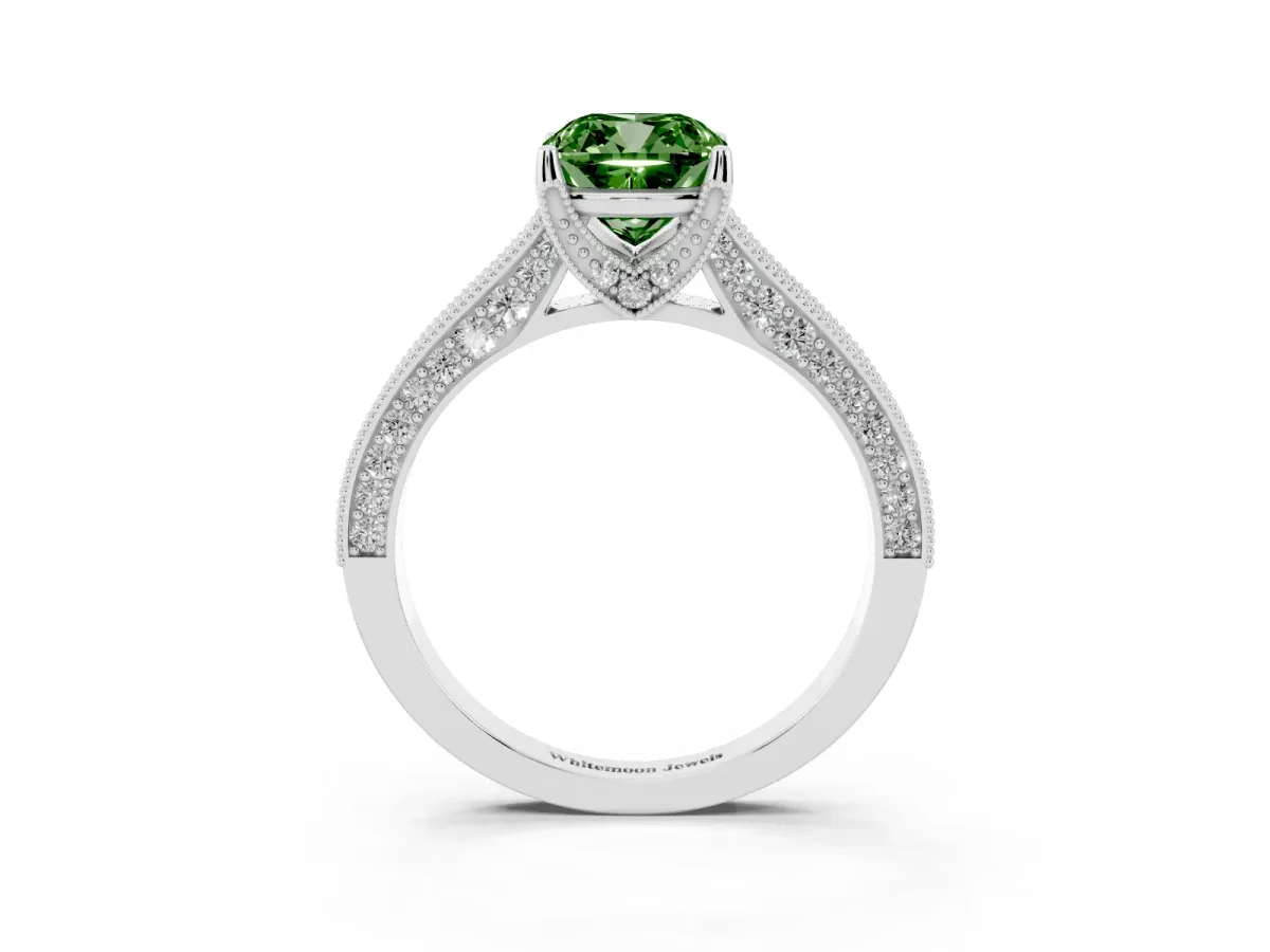 Fancy Green Cushion Cut Cut Diamond Solitaire Ring with Milgrain Pave Band and Four Prong Setting Silver