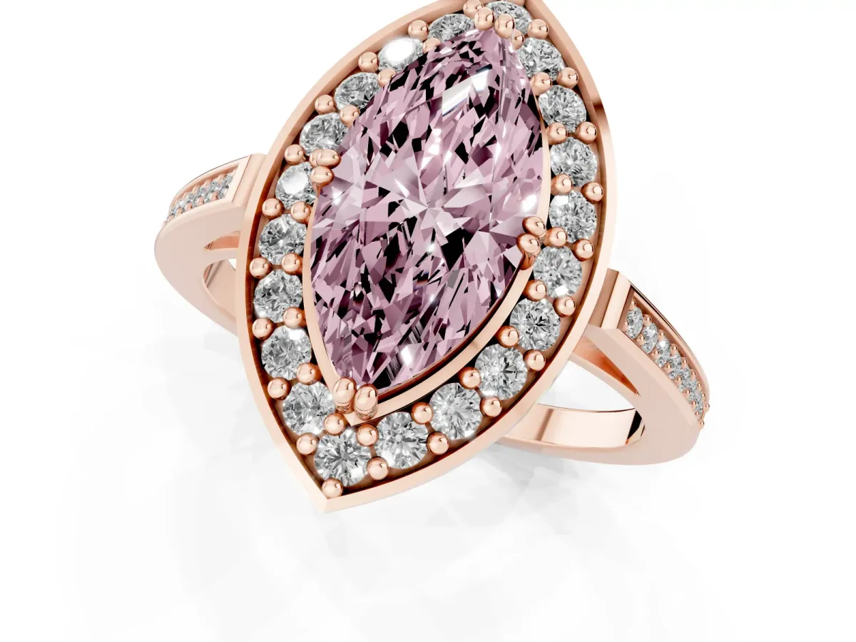 Fancy Pink Marquise Cut Diamond Halo Ring with Split Shank and Four-Prong Setting Rose gold