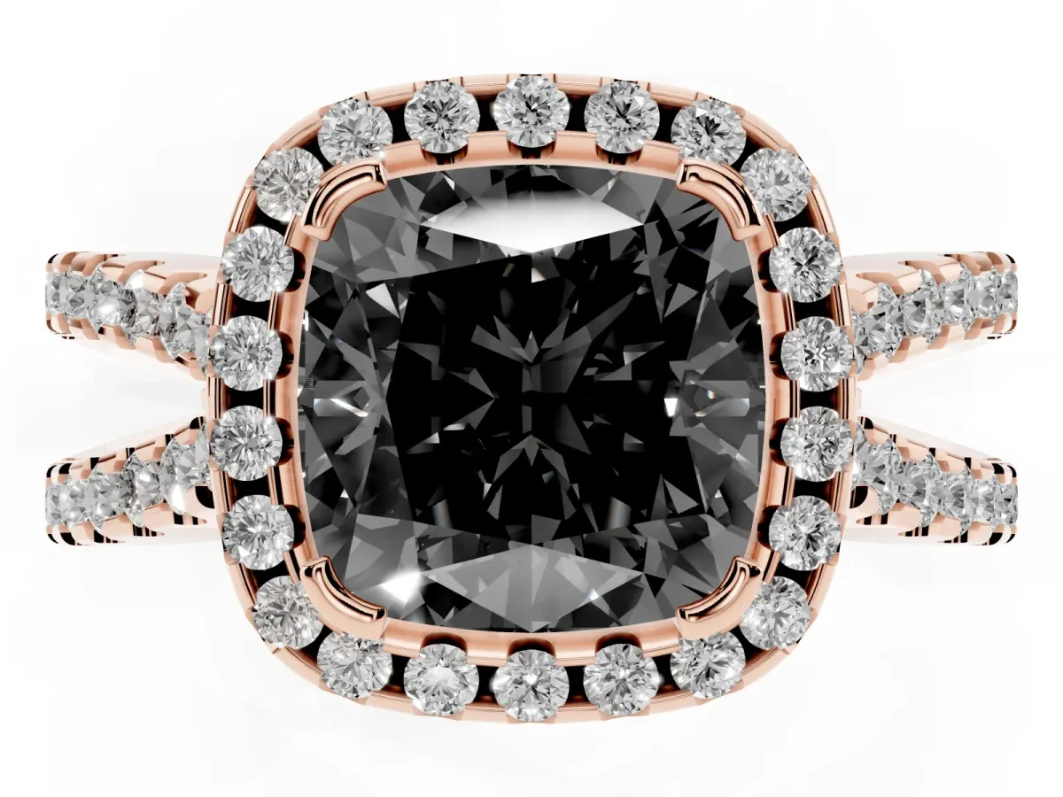 Fancy Black Cushion Cut Diamond Halo Ring with Split Shank Pavé Band and Prong Setting Rose gold