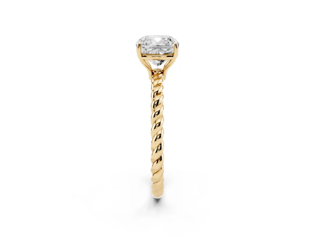 Cushion Cut Solitaire Twist Band Ring with Four-Prong Setting Yellow gold