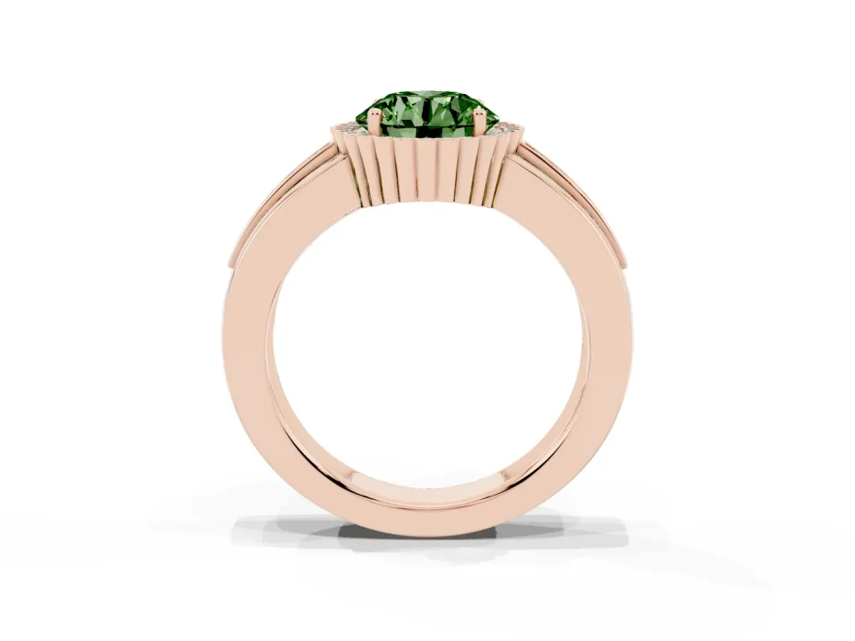 Fancy Green Round Cut Cut Halo Pave Band Four-Prong Ring Rose gold