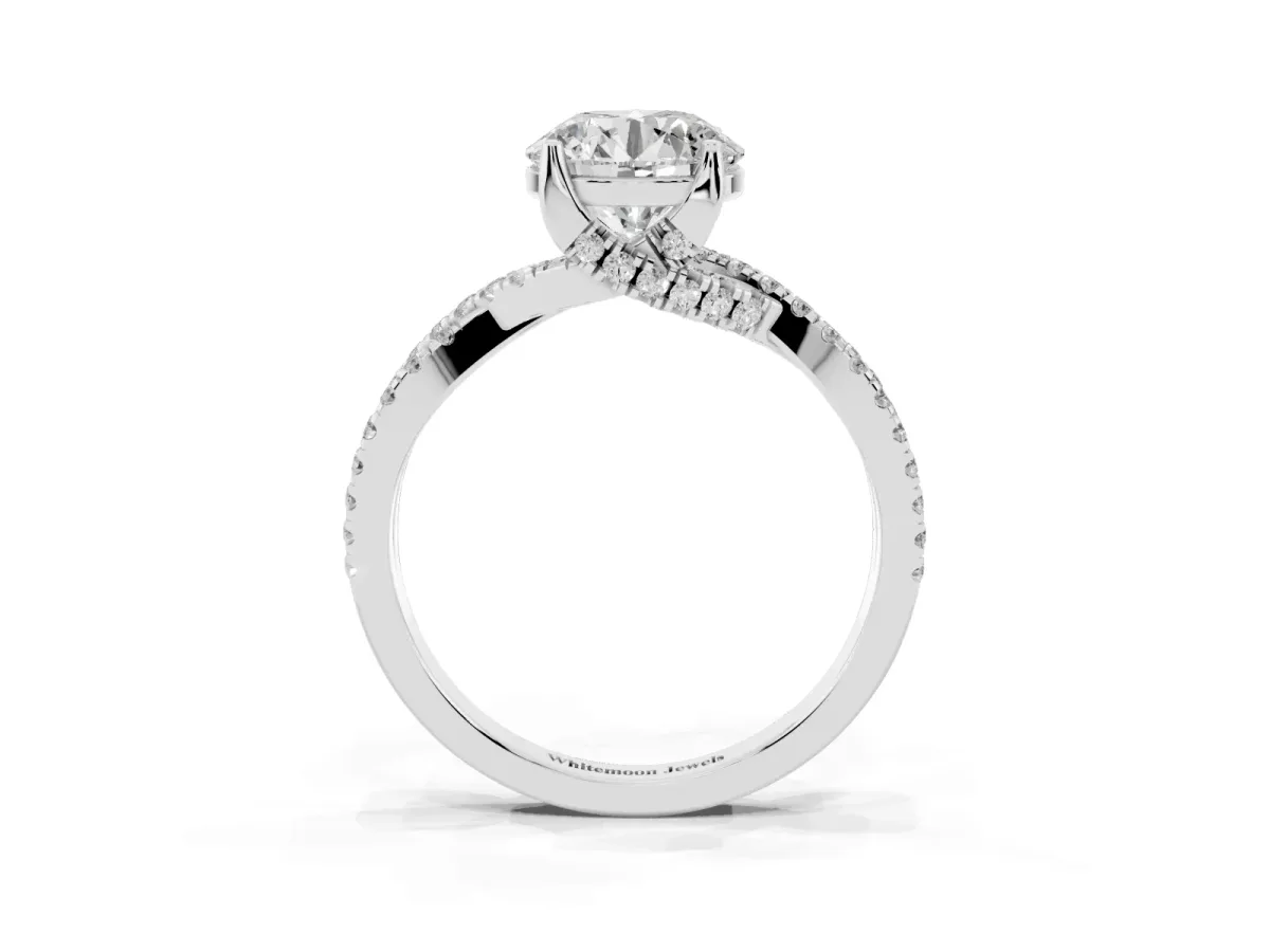 Round Cut Solitaire Twist Pave Diamond Engagement Ring with Prong Setting Silver