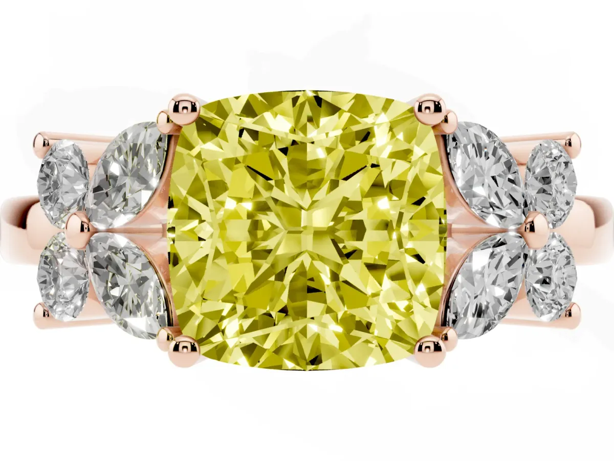 Fancy Yellow Cushion Cut Diamond Floral Cluster Ring with Solitaire Band and Prong Setting Rose gold