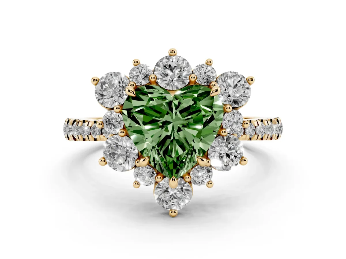 Fancy Green Heart Cut Diamond Floral Halo Ring with Round Pavé Band and Prong Setting Yellow gold