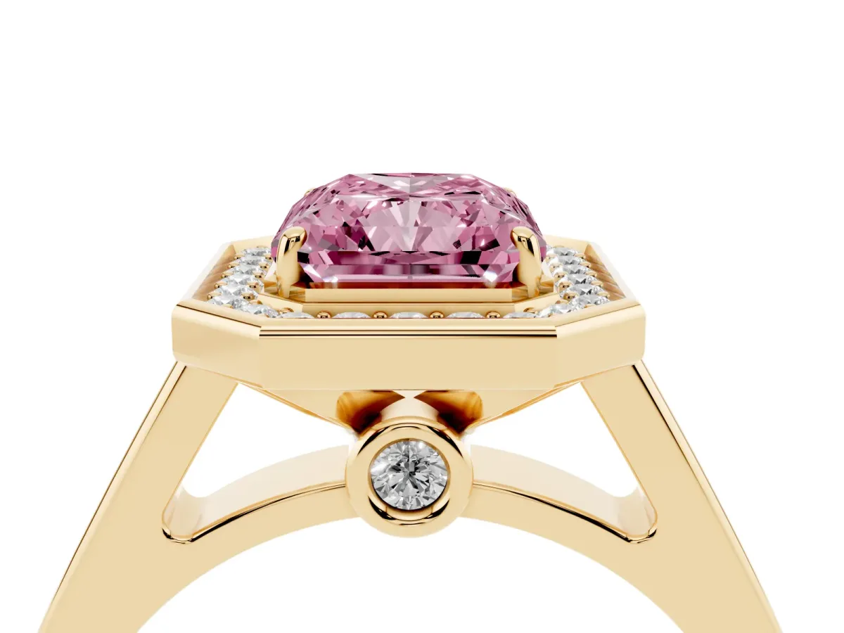 Fancy Pink Radiant Cut Halo Solitaire Diamond Ring with Pave Band and Bezel Setting Yellow gold