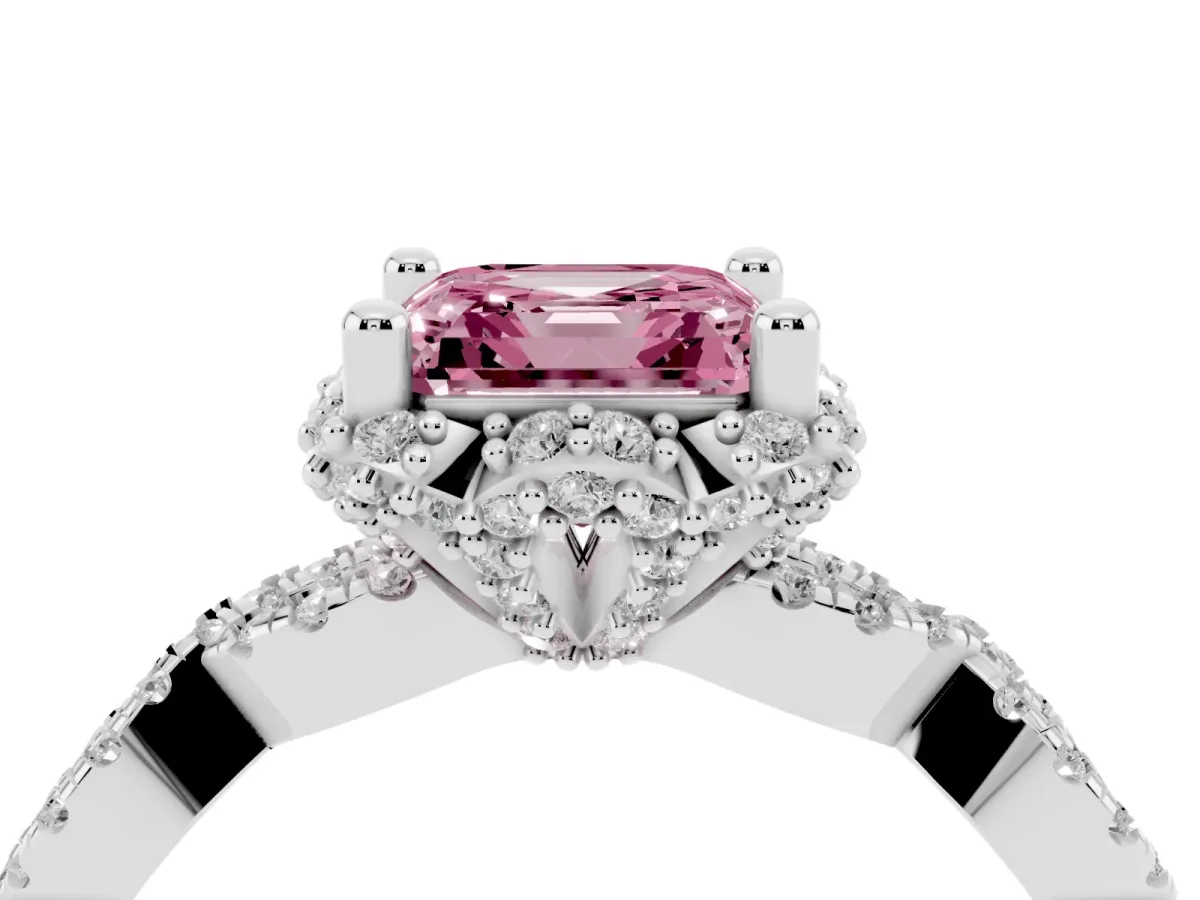 Fancy Pink Asscher Cut Halo Twist Band Solitaire Ring with Six-Prong Setting Silver