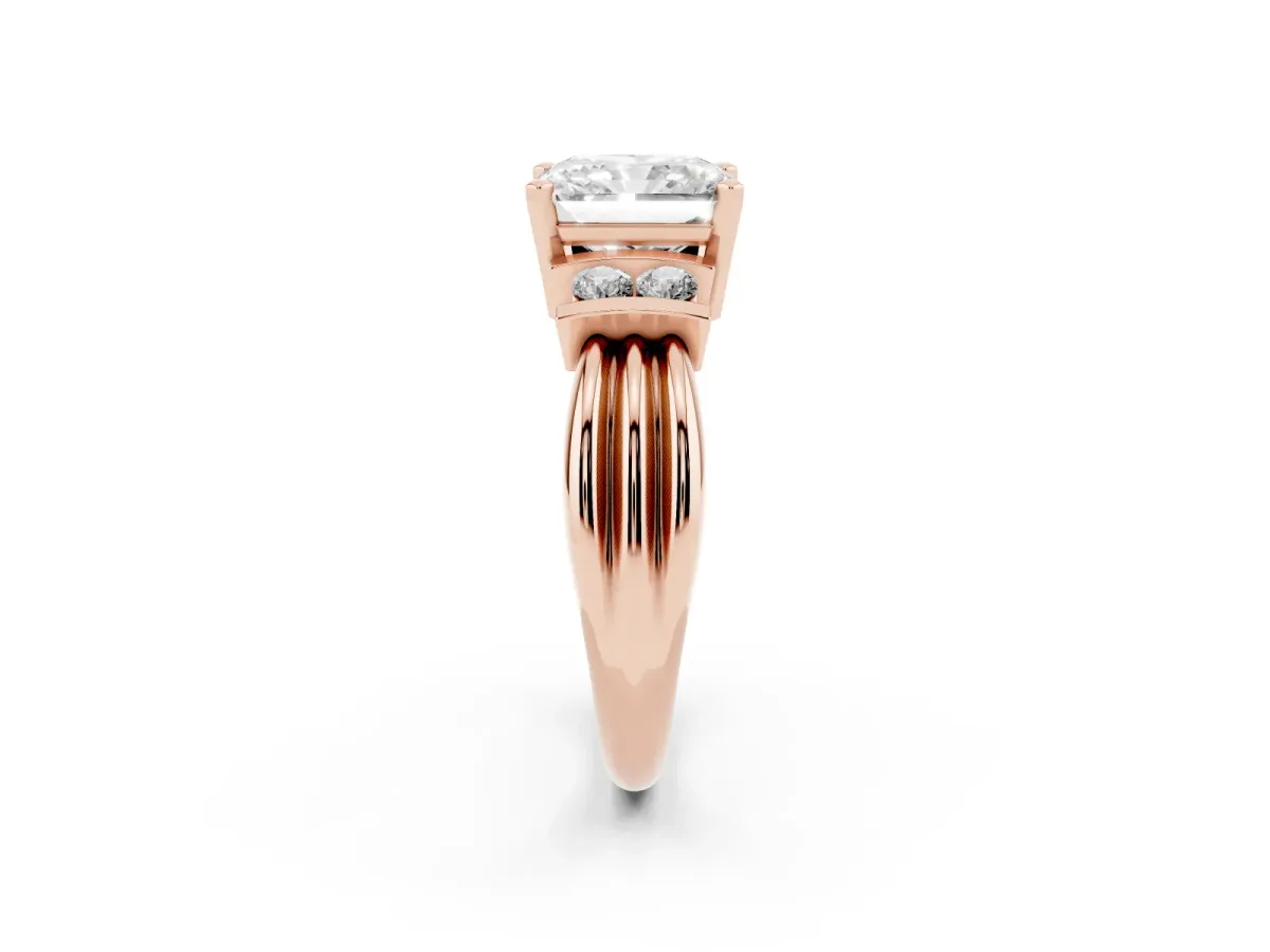 Radiant Cut Cut Three-Stone Channel Set Ring with Bar Prongs Rose gold