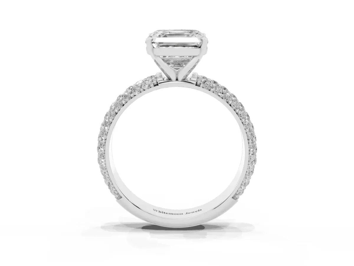 Asscher Cut Diamond Solitaire Ring with Prong Setting and Pavé Band Silver