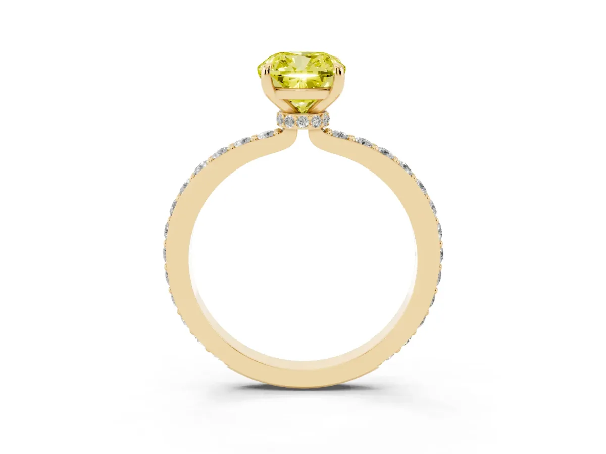Fancy Yellow Cushion Cut Diamond Solitaire Engagement Ring with Pavé Band and Four-Prong Setting Yellow gold