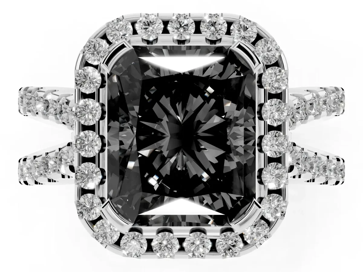 Fancy Black Radiant Cut Diamond Halo Ring with Split Shank Pavé Band and Prong Setting Silver