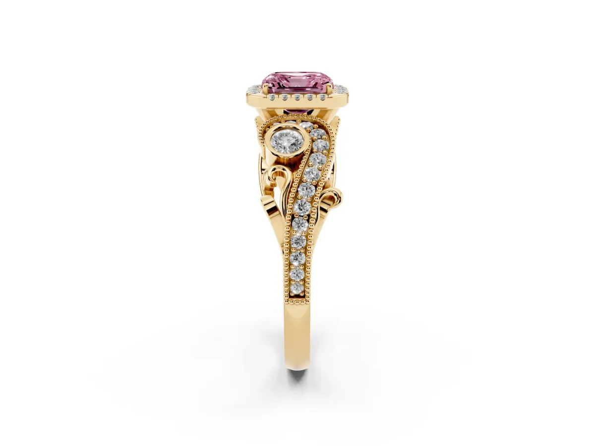 Fancy Pink Asscher Cut Halo Diamond Ring with Milgrain and Bezel Accents on a Split Shank Band Yellow gold
