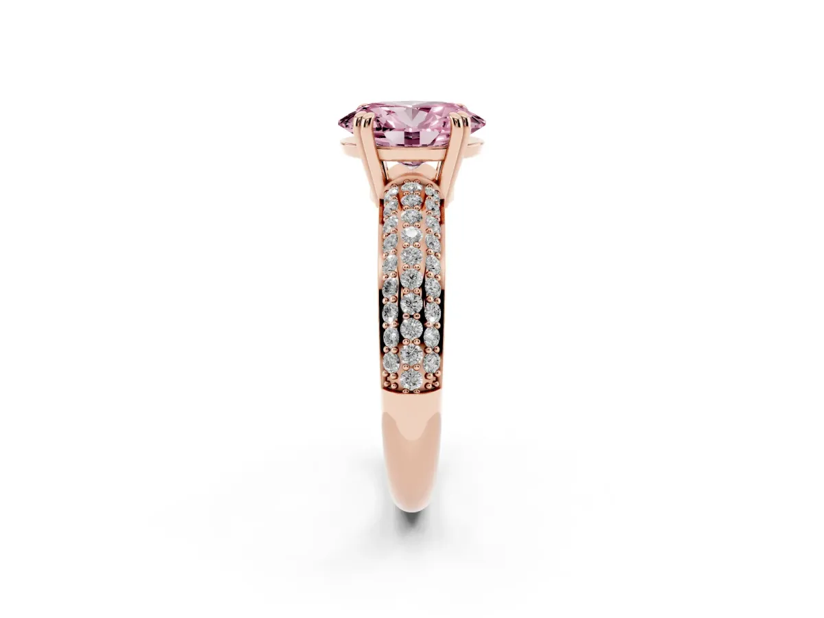 Fancy Pink Oval Cut Diamond Solitaire Ring with Multi-Row Round Pavé Band and Prong Setting Rose gold