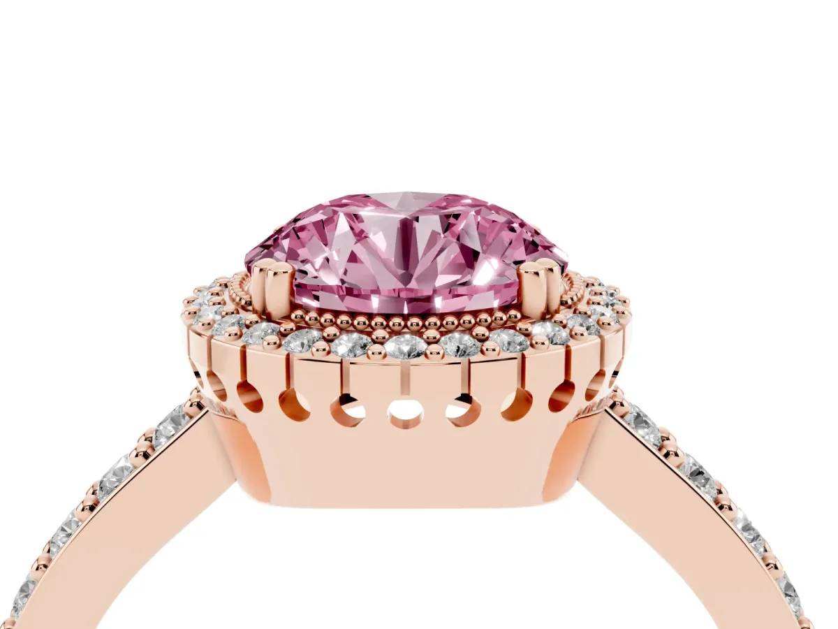 Fancy Pink Round Cut Cut Diamond Halo Engagement Ring with Milgrain Detail and Pavé Band Rose gold