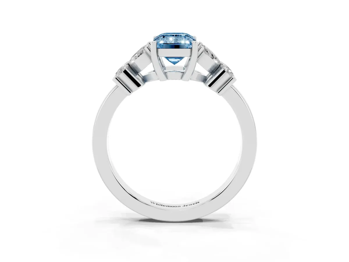 Fancy Blue Emerald Cut Diamond Floral Cluster Ring with Solitaire Band and Prong Setting Silver