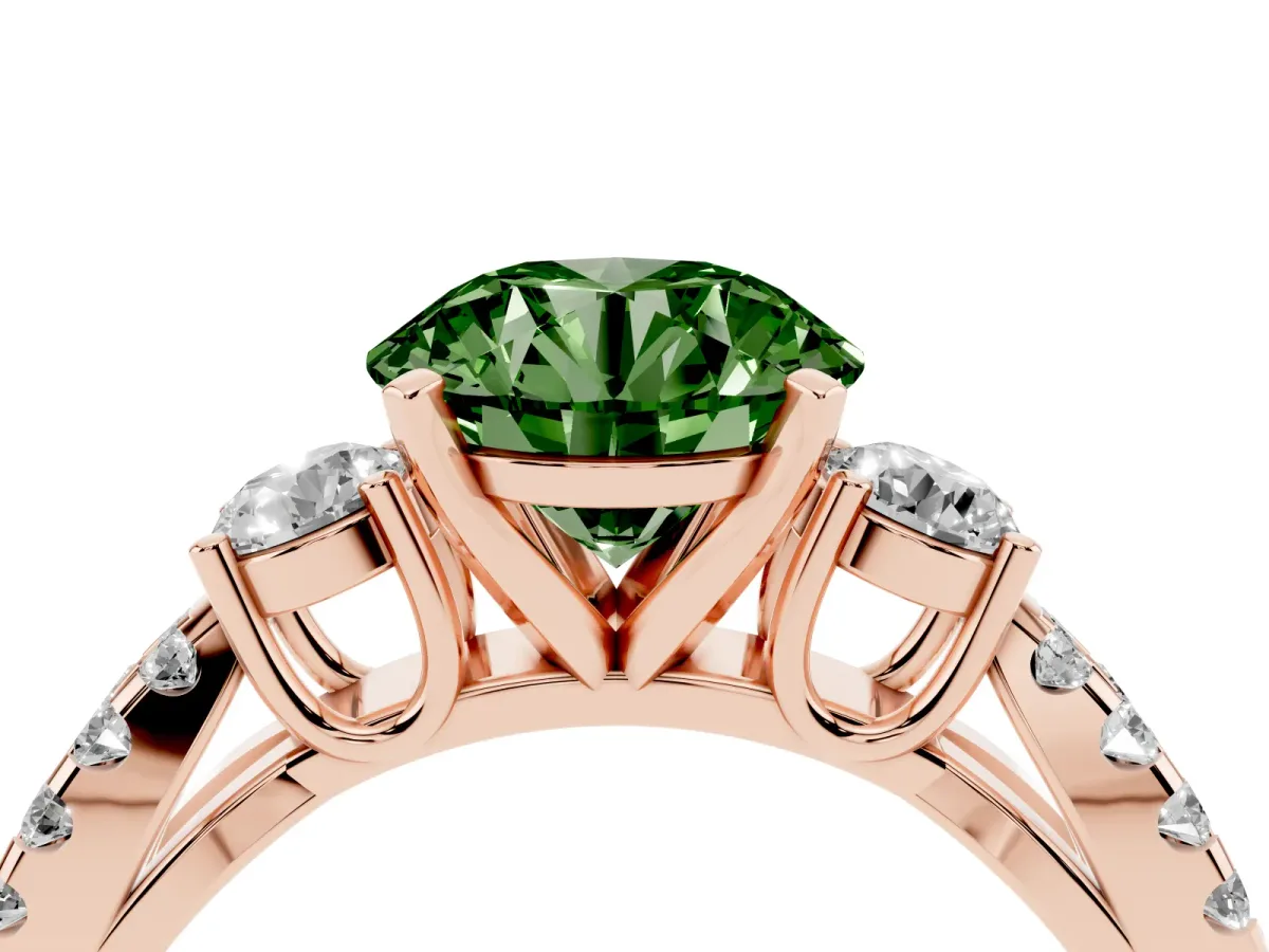 Fancy Green Round Cut Diamond Three-Stone Ring with Pavé Split Shank and Four-Prong Setting Rose gold