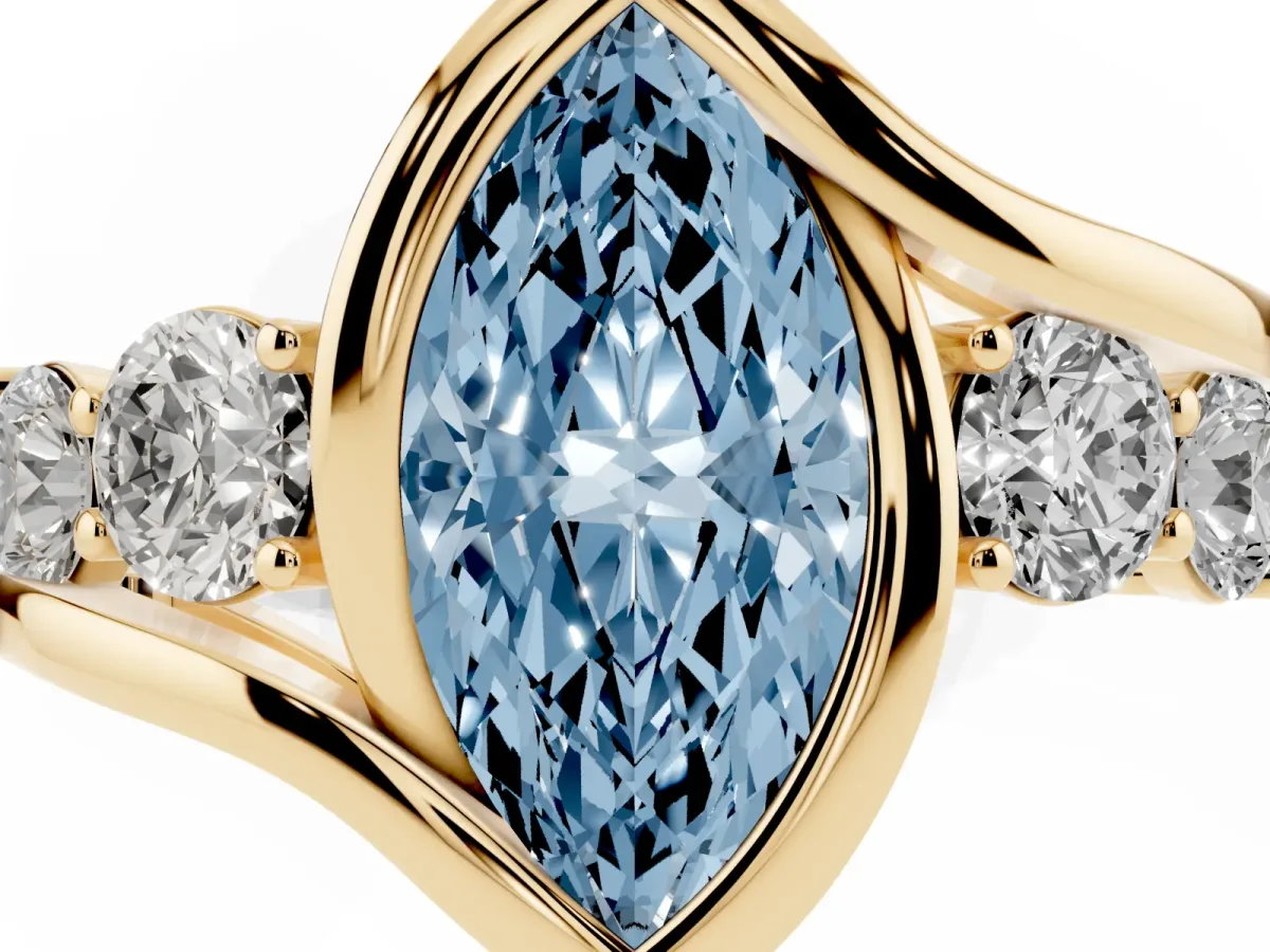 Fancy Blue Bezel Set Marquise Cut Diamond Bypass Ring with Round Accents Yellow gold