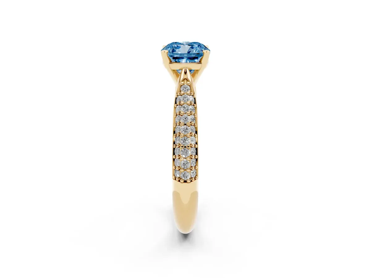 Fancy Blue Cushion Cut Diamond Solitaire Engagement Ring with Multi-Row Round Pavé Band and Prong Setting Yellow gold