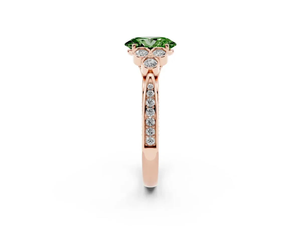 Fancy Green Oval Cut Cut Diamond Engagement Ring with Bezel Set Round Side Stones and Prong Setting Rose gold