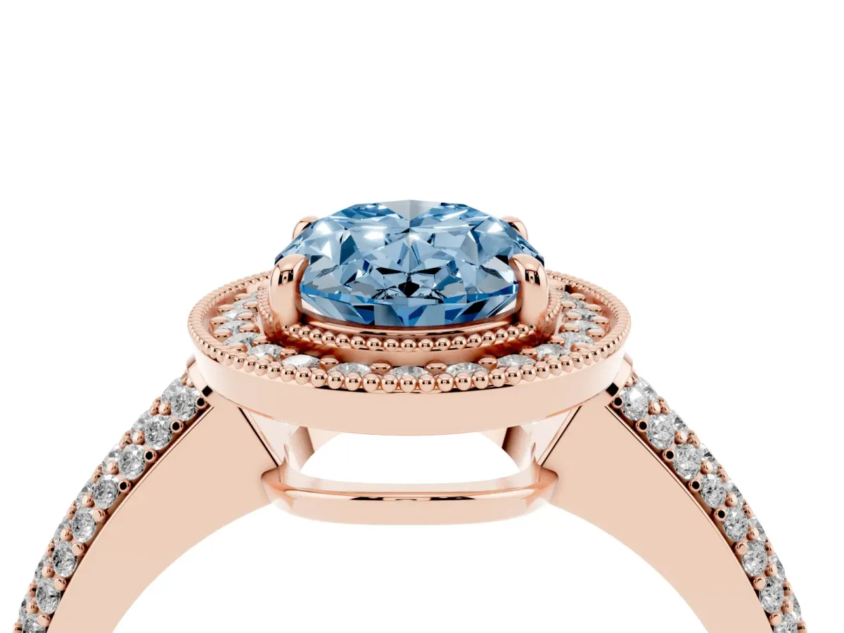 Fancy Blue Oval Cut Cut Halo Diamond Pave Band with Four-Prong Setting Rose gold