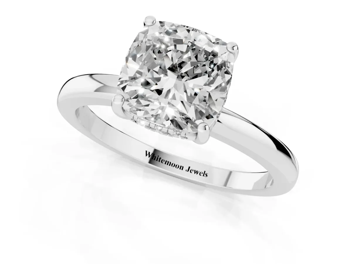 Cushion Cut Solitaire Diamond Ring with Prong Setting and Plain Band Silver