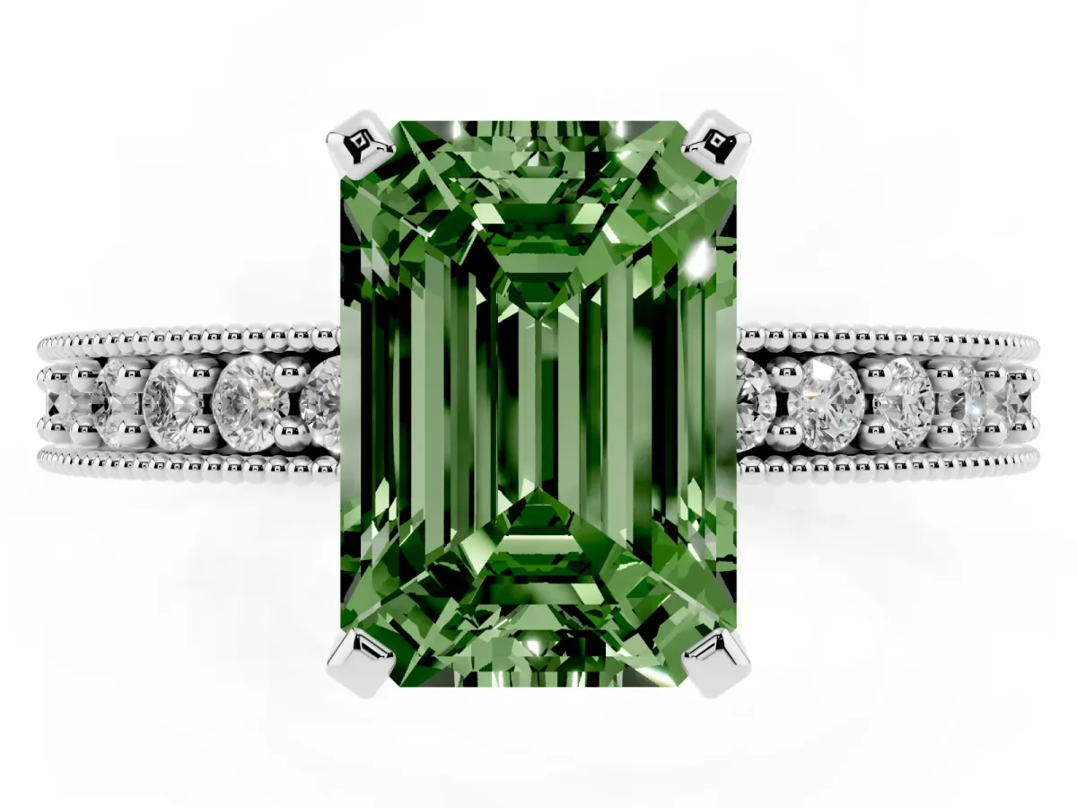 Fancy Green Emerald Cut Diamond Milgrain Pavé Engagement Ring with Four-Prong Setting Silver