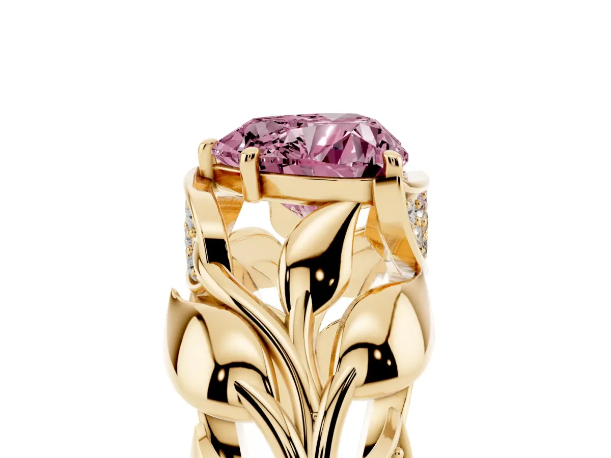 Fancy Pink Heart Cut Diamond Leaf-Inspired Engagement Ring with Round Accents and Prong Setting Yellow gold