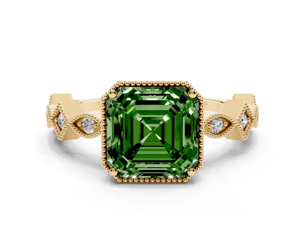 Fancy Green Asscher Cut Milgrain Marquise Diamond Twist Band Ring Yellow gold