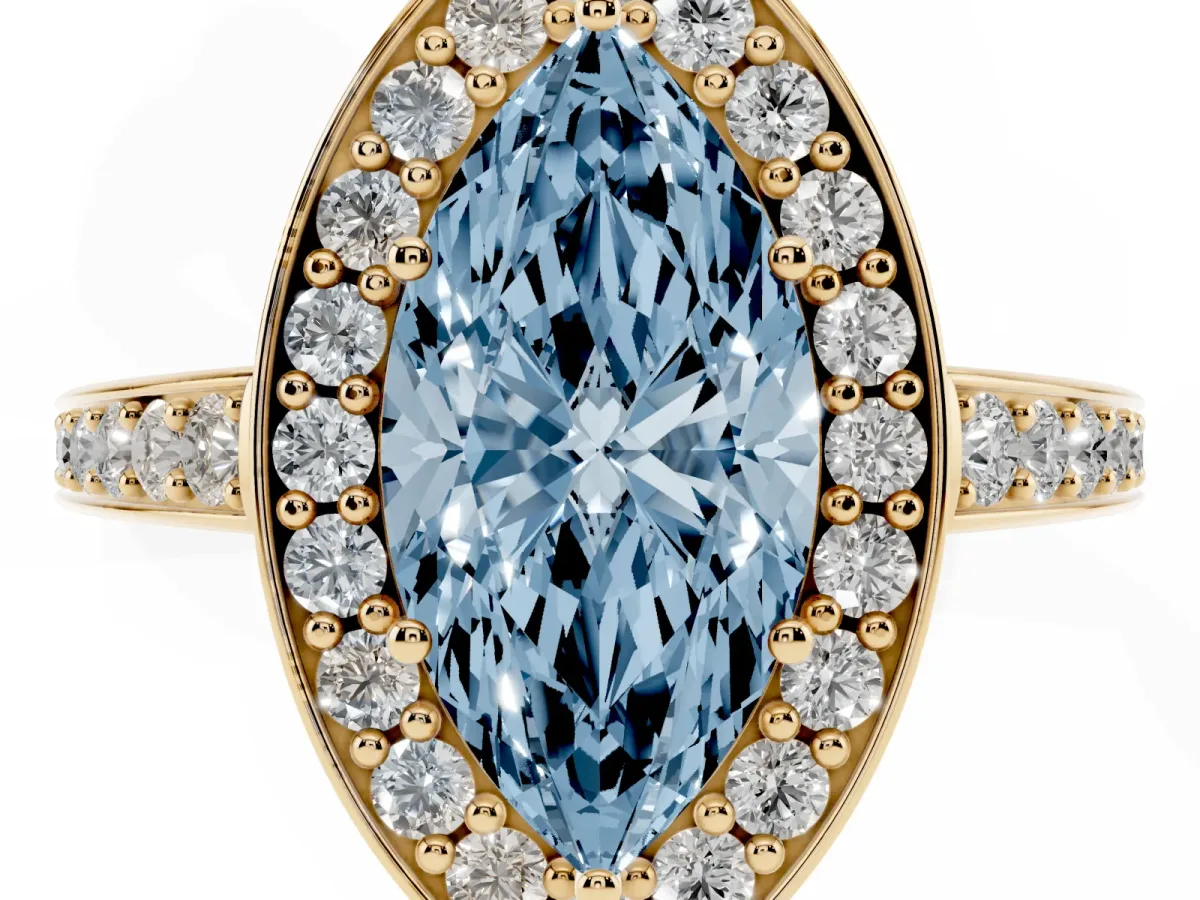 Fancy Blue Marquise Cut Halo Pavé Diamond Engagement Ring with Bezel Setting Yellow gold