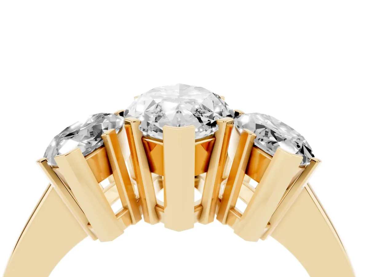 Three-Stone Marquise Cut Cut Diamond Ring with Channel Set Band and Four-Prong Setting Yellow gold