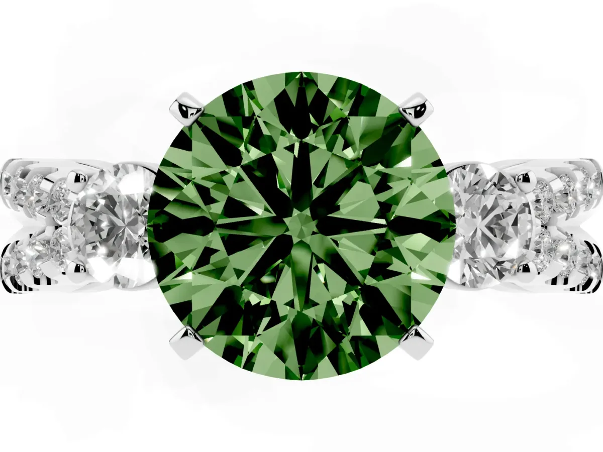 Fancy Green Round Cut Diamond Three-Stone Ring with Pavé Split Shank and Four-Prong Setting White gold
