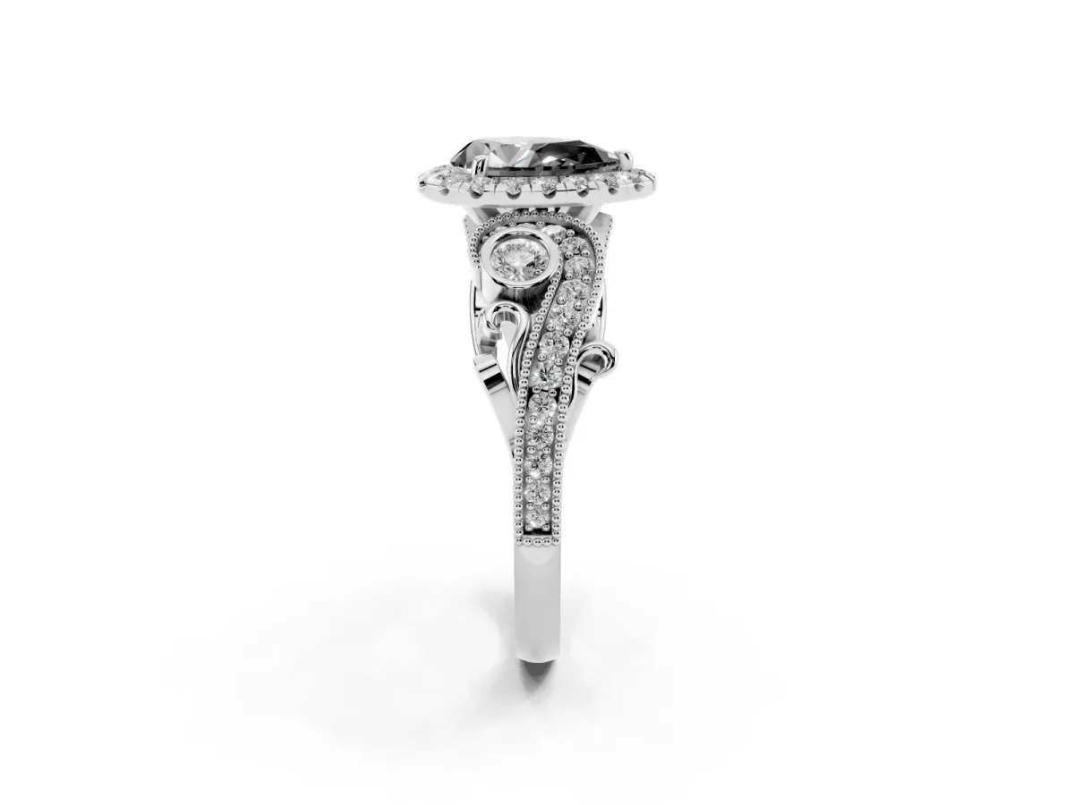Fancy Black Pear Cut Halo Diamond Ring with Milgrain and Bezel Accents on a Split Shank Band Platinum