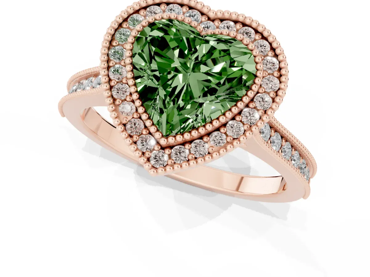 Fancy Green Halo Heart Cut-Cut Diamond Pave Band Milgrain Prong Setting Ring Rose gold