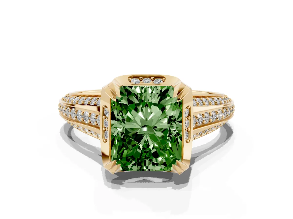 Fancy Green Radiant Cut Solitaire Pave Split Shank Ring with Four-Prong Setting Yellow gold
