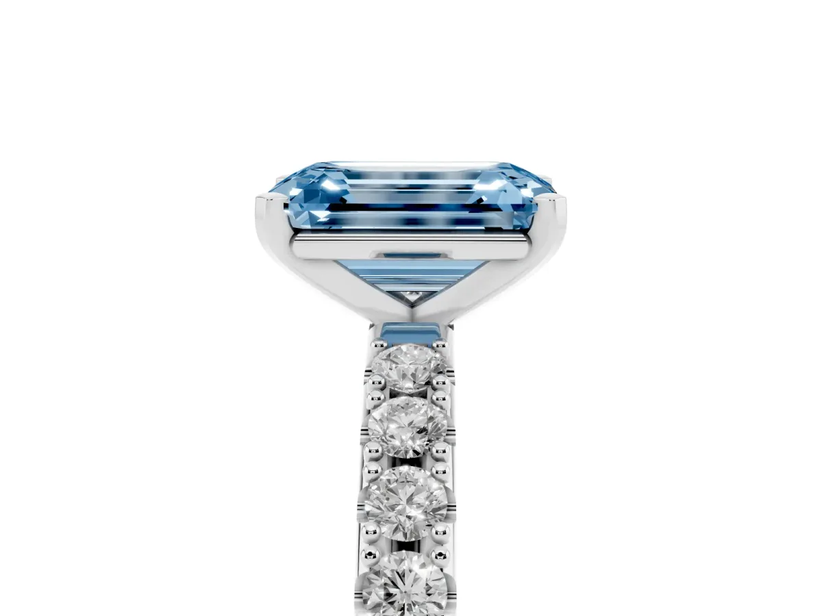 Fancy Blue Emerald Cut Diamond Solitaire Pavé Band with Four-Prong Setting Platinum