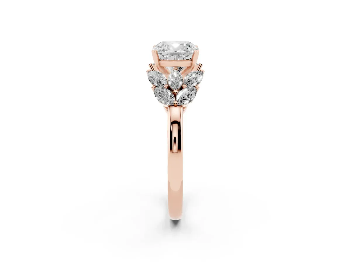 Cushion Cut Diamond Cluster Leaf Design Ring with Prong Setting Rose gold